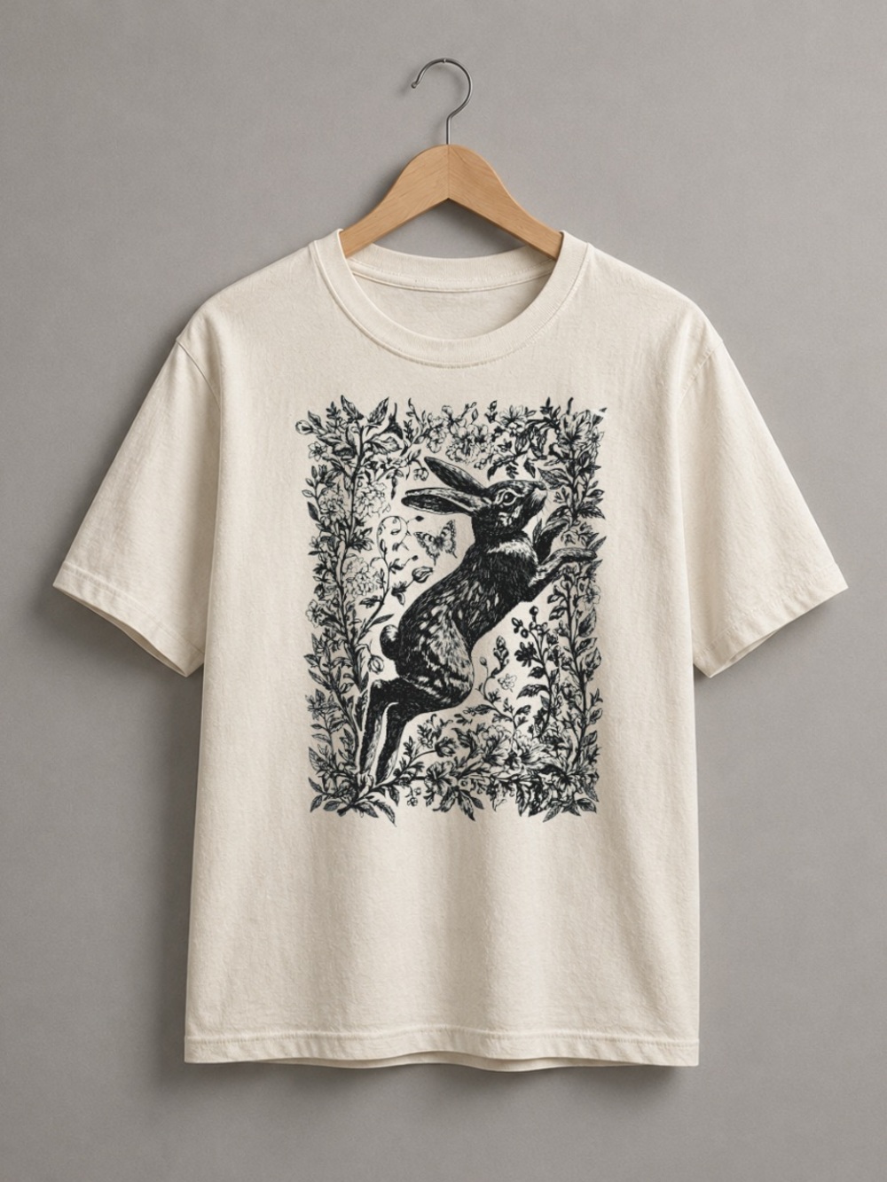 Off White Short Sleeve Tee with Black Rabbit Print